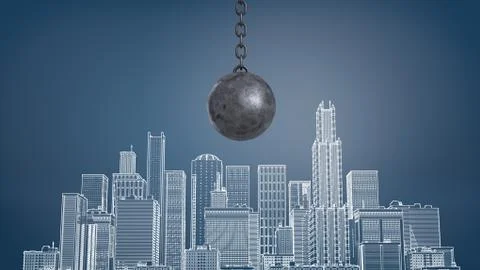 3d rendering of a large black wrecking ball hangs above a chalk drawing of a Stock Illustration