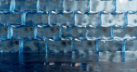 3d rendering. Large blocks of ice are lined in brickwork with neon lighting i Stock Illustration