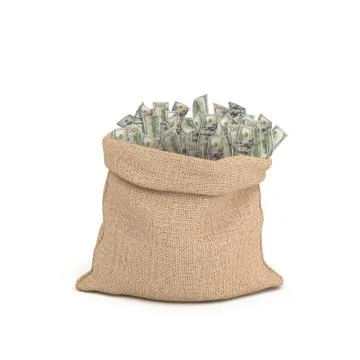 3d rendering of a large brown sack full of 100 dollar bills sticking from it Stock Illustration
