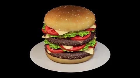 3D rendering. A large burger on a plate rotates 360 degrees Stock Footage 270490576