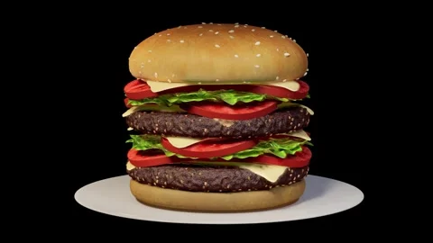3D rendering. A large burger on a plate rotates 360 degrees Stock Footage 270490635