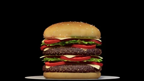 3D rendering. A large burger on a plate rotates 360 degrees Stock Footage 270490650