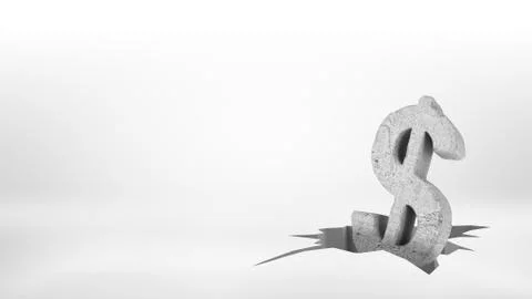 3d rendering of a large concrete dollar sign half-fallen inside a large surface Illustrazione stock