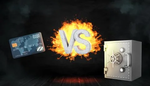 3d rendering of large concrete letters VS on fire stand between a generic blue Stock Illustration