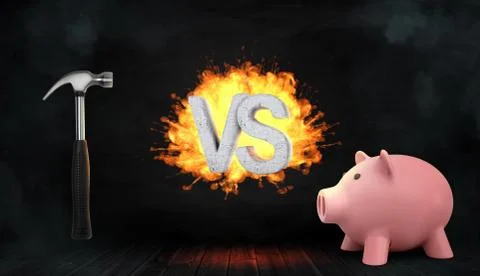 3d rendering of large concrete letters VS stand in the explosion center between Stock Illustration