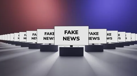 3D rendering of a large crowd of TV sets showing text stating Fake News, concept Stock Illustration