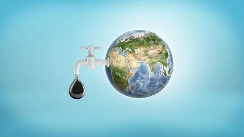 3d rendering of a large Earth globe with a faucet in its side leaking a large Stock Illustration
