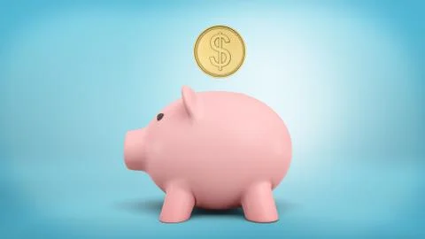 3d rendering of a large golden coin with a dollar sign hovers right above piggy Stock Illustration