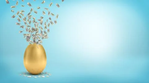 3d rendering of a large golden egg with a broken top that lets many dollar bills Stock Illustration
