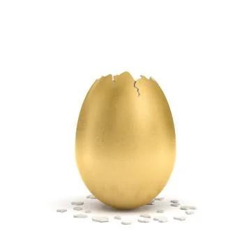 3d rendering of a large golden egg with a broken off pointy top and small pieces Stock Illustration