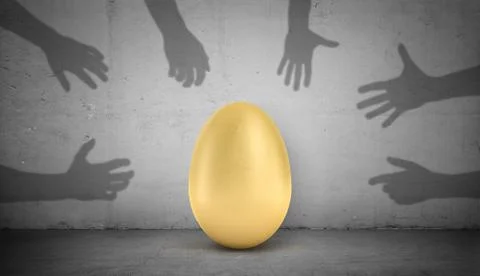 3d rendering of a large golden egg stands on a grey concrete background with Stock Illustration