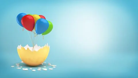 3d rendering of a large golden eggshell cracked to reveal a bundle of colorful Stock Illustration