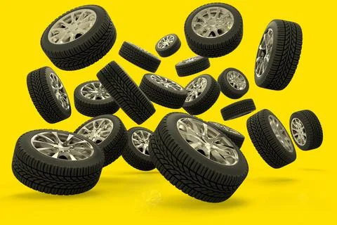 3D rendering of a large group of tires against a yellow background Stock Illustration