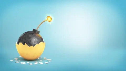 3d rendering of large iron ball with a lit fuse revealed inside a broken golden Stock Illustration