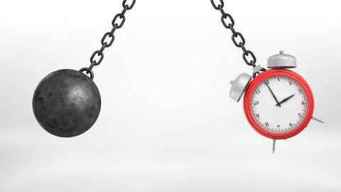 3d rendering of large iron wrecking and a red alarm clock on metal chains swing Illustration