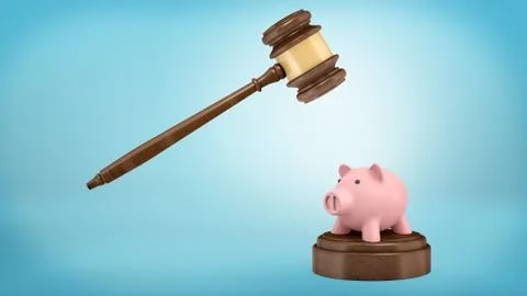 3d rendering of a large judge gavel ready to strike at a small piggy bank 스톡 일러스트
