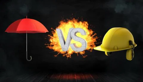 3d rendering of large letters VS on fire stand between an open red umbrella and Stock Illustration