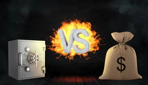 3d rendering of a large letters VS stand flaming between a metal bank safe and a Stock Illustration