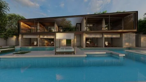 3d rendering of a large modern contemporary house in wood and concrete Stock Illustration