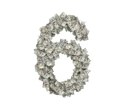 3d rendering of a large number 6 made of many USD hundred bills on a white Stock Illustration