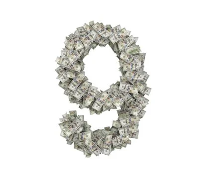 3d rendering of a large number 9 made of countless 100 dollar bills on a white Stock Illustration