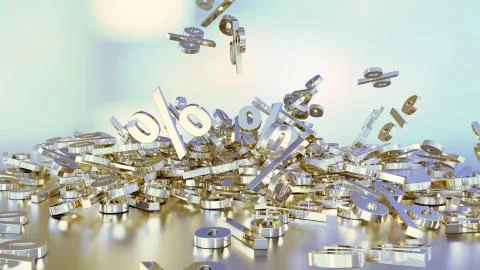 3D rendering of a large number of percent signs falling into a heap Stock Illustration