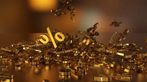 3D rendering of a large number of percent signs falling into a heap Stock-Illustration