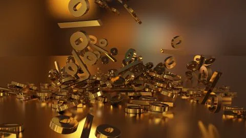 3D rendering of a large number of percent signs falling into a heap Stock Illustration