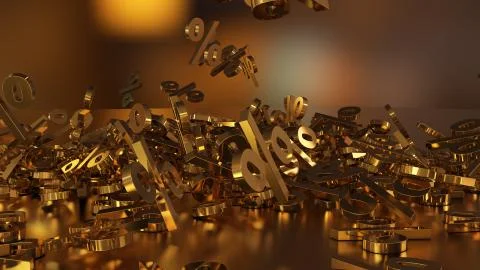 3D rendering of a large number of percent signs falling into a heap Stock Illustration