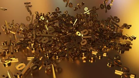 3D rendering of a large number of percent signs falling into a heap Illustrazione stock