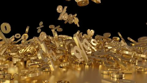 3D rendering of a large number of percent signs falling into a heap Stock-Illustration