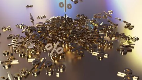 3D rendering of a large number of percent signs falling into a heap Stock Illustration