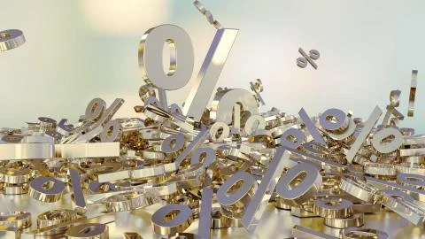 3D rendering of a large number of percent signs falling into a heap Illustrazione stock