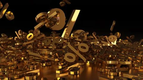 3D rendering of a large number of percent signs falling into a heap. A large per Stock Illustration