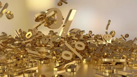 3D rendering of a large number of percent signs falling into a heap. A large per Stock Illustration