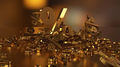 3D rendering of a large number of percent signs falling into a heap. A large per Stock Illustration