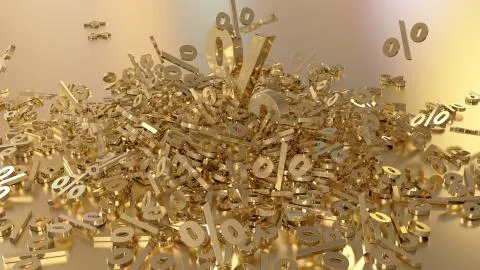 3D rendering of a large number of percent signs falling into a heap. A large per Stock Illustration