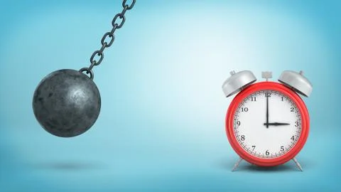 3d rendering of a large red alarm clock stands intact in danger of being hit by Stock-Illustration