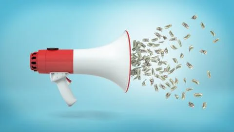 3d rendering of a large red and white megaphone in a side view with many dollar Stock Illustration