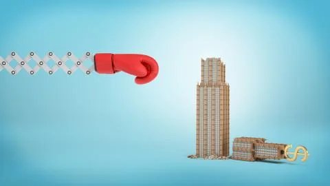 3d rendering of a large red boxing glove on a scissor arm near a small broken 스톡 사진