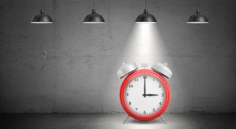 3d rendering of a large red retro alarm clock stands on dark concrete background Stock-Illustration