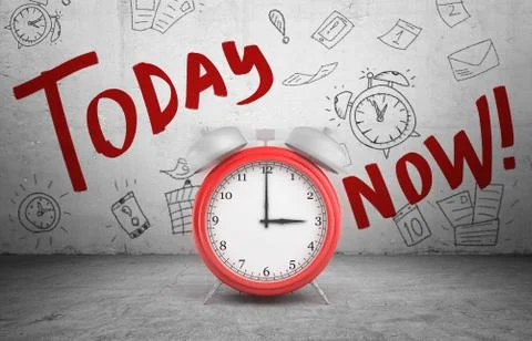 3d rendering of a large red ringing alarm clock stands on concrete background Stock-Illustration