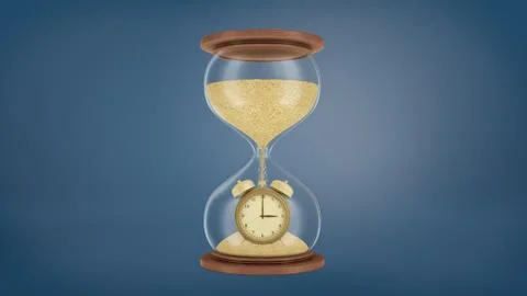 3d rendering of a large retro hourglass with a wooden base and golden sand Ilustración de archivo