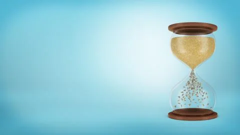 3d rendering of a large retro hourglass with trickling golden sand turning into Stock-Illustration