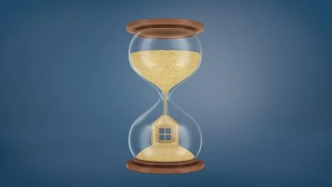 3d rendering of a large retro hourglass with wooden bases with the sand falling Illustrazione stock