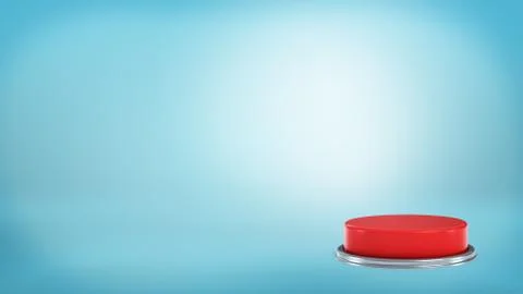 3d rendering of a large round red push button standing on a blue background in Stock Illustration