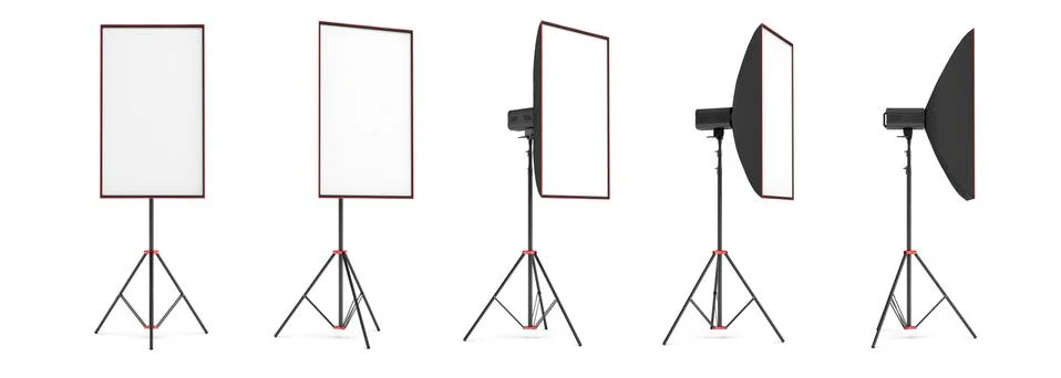 3d rendering of a large softbox lighting set on a stand in different angles. Illustration