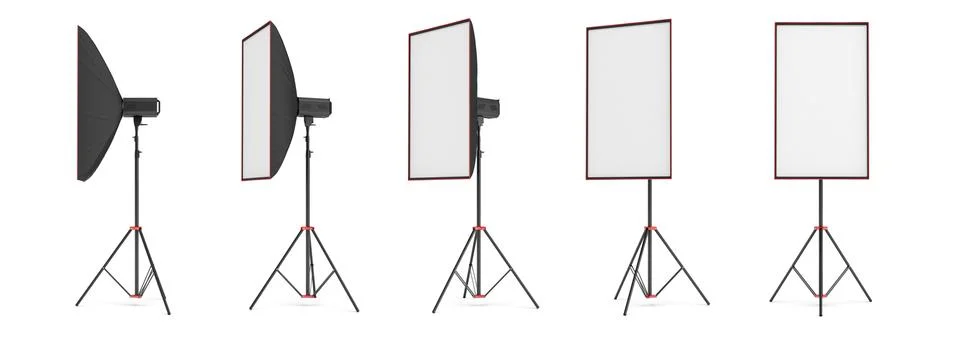 3d rendering of a large softbox lighting set on a stand in different angles. Stock Illustration