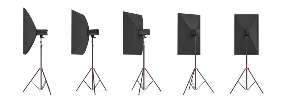3d rendering of a large softbox lighting set on a stand in different angles. Stock Illustration
