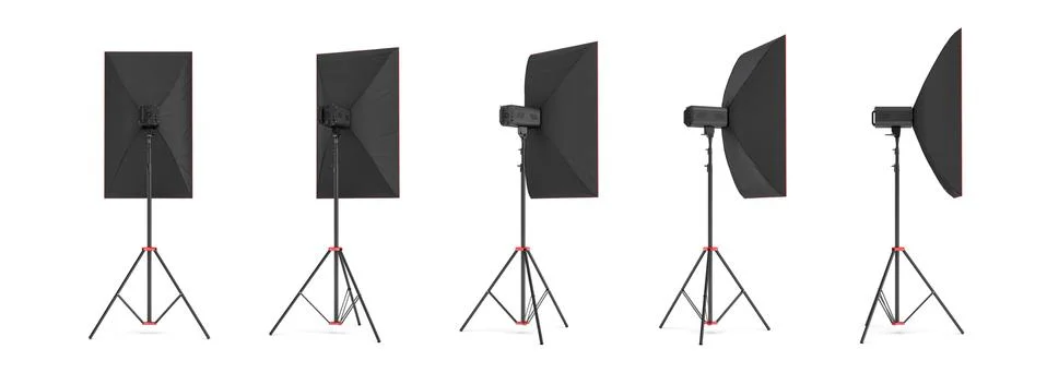3d rendering of a large softbox lighting set on a stand in different angles. Stock-Illustration